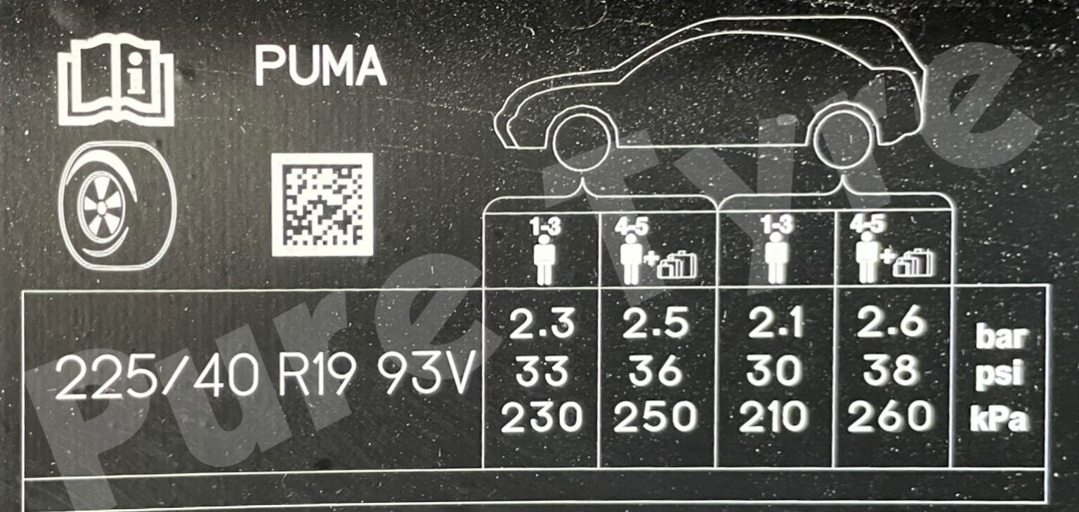 Ford Puma Tyre Pressure Placard R Pure Tyre