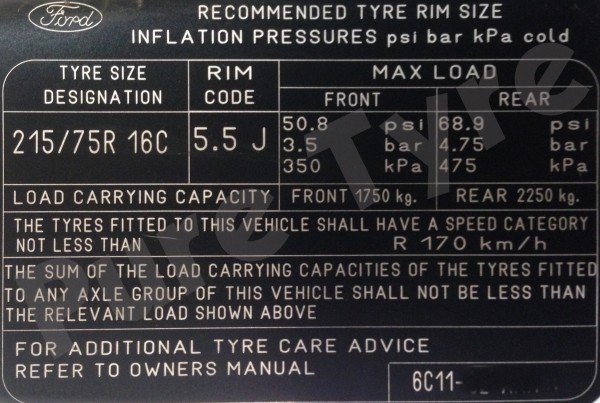 Ford Transit 2000 – 2013 215/75R16 Tyre Pressure Placard | Pure Tyre ...
