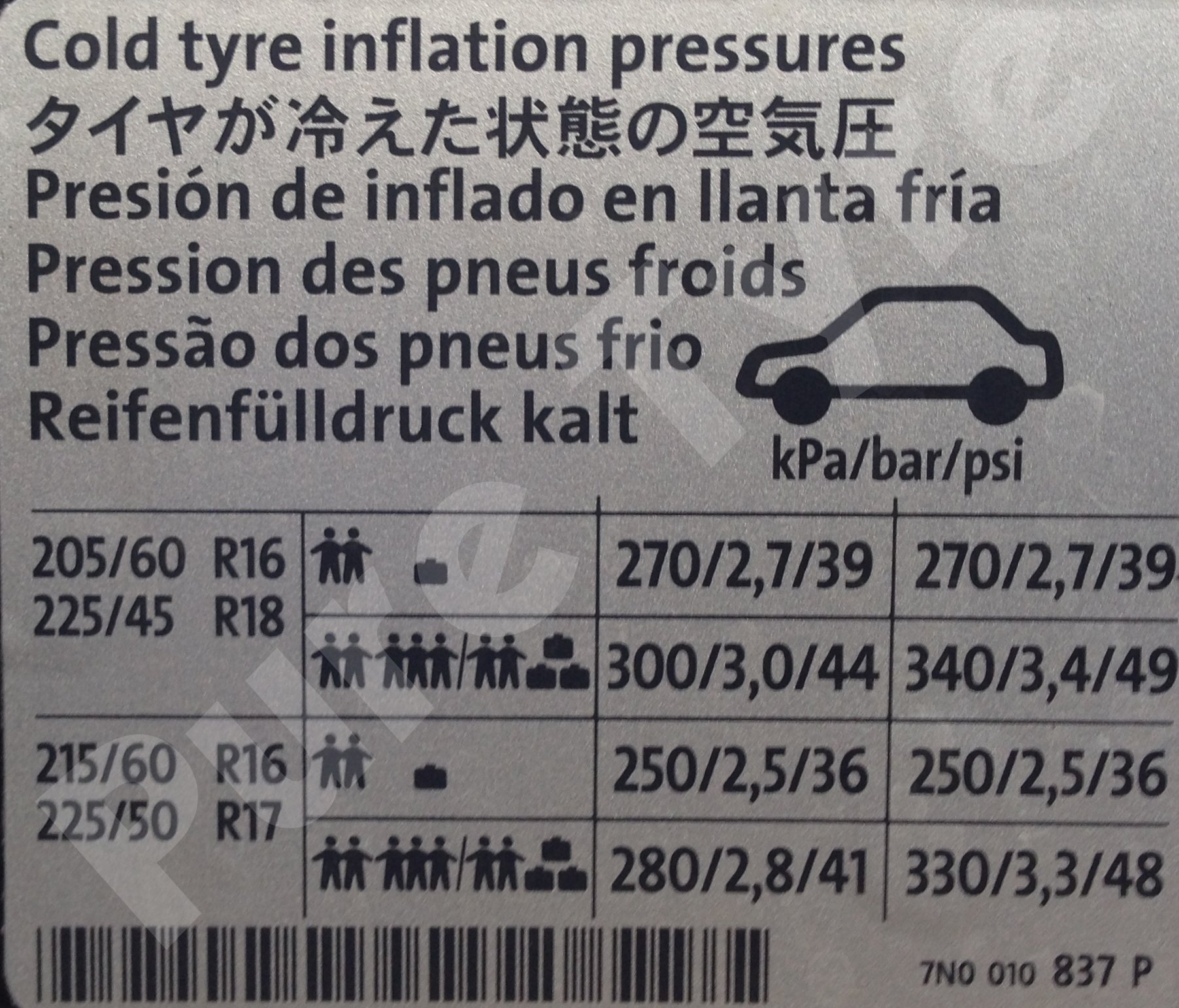 Seat Alhambra 2010 on Tyre Pressure Placard | Pure Tyre 01603 462959