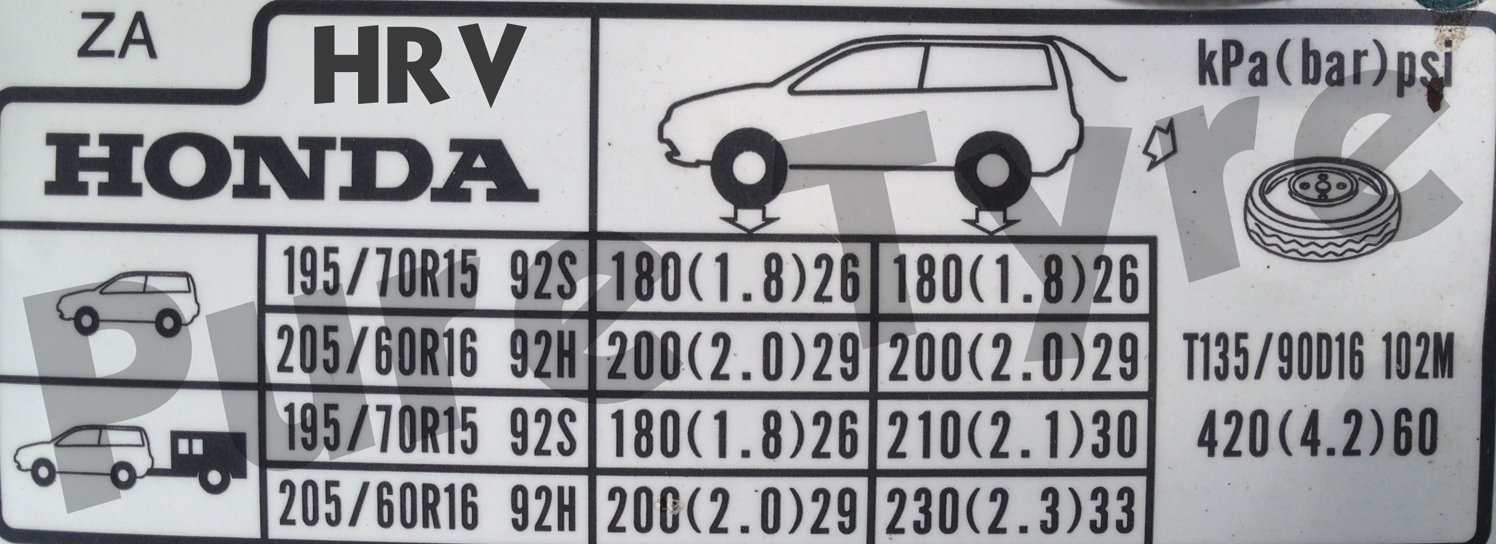 Honda HRV Tyre Pressure Placard Pure Tyre 01603 462959