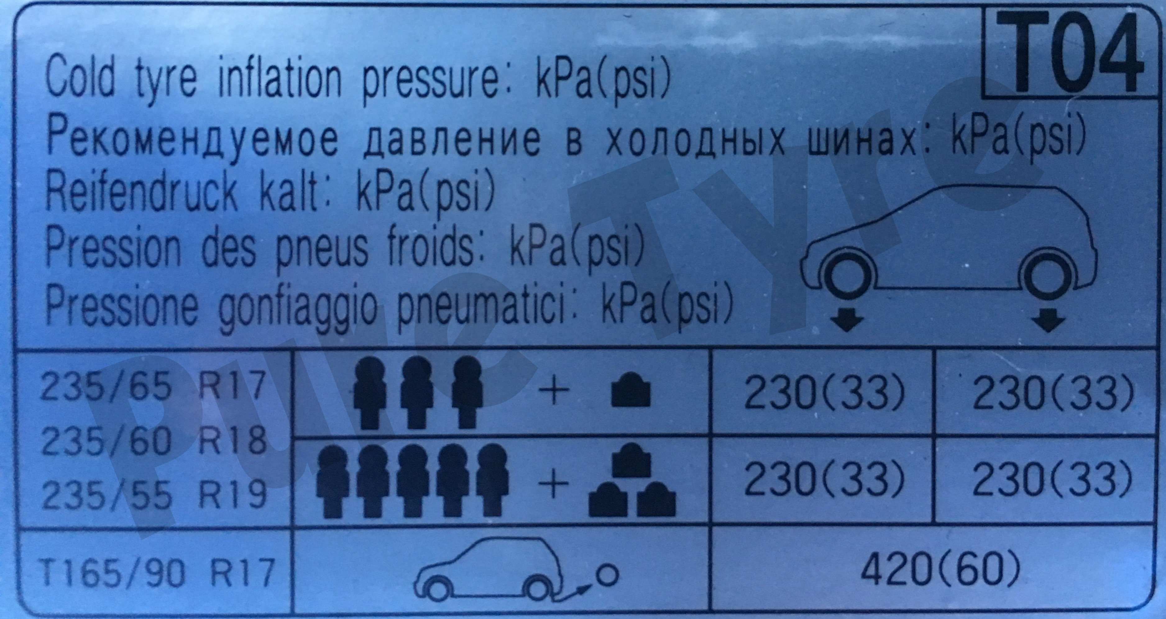 Hyundia Santa Fe Tyre Pressure Placard 23555R19 | Pure Tyre 01603 462959