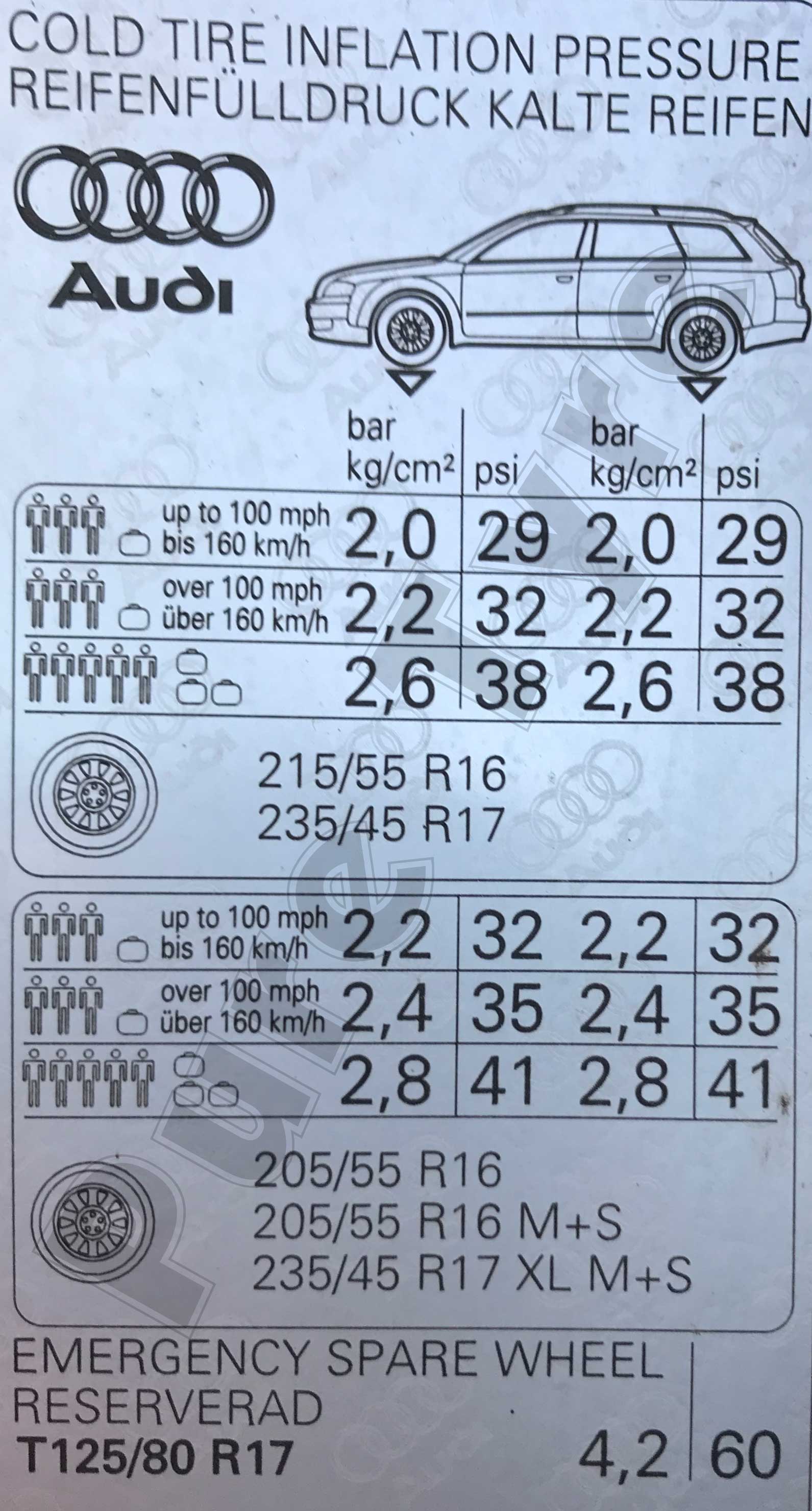 2001 Audi A4 Tire Pressure