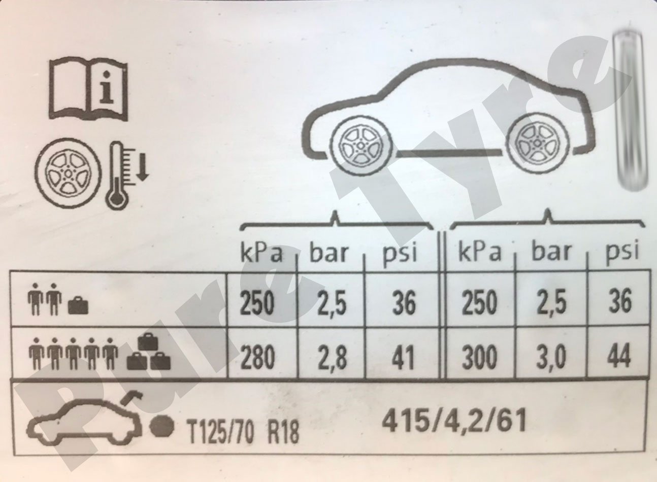 Volkswagen Golf Tyre Pressure Placard Pure Tyre 01603 462959