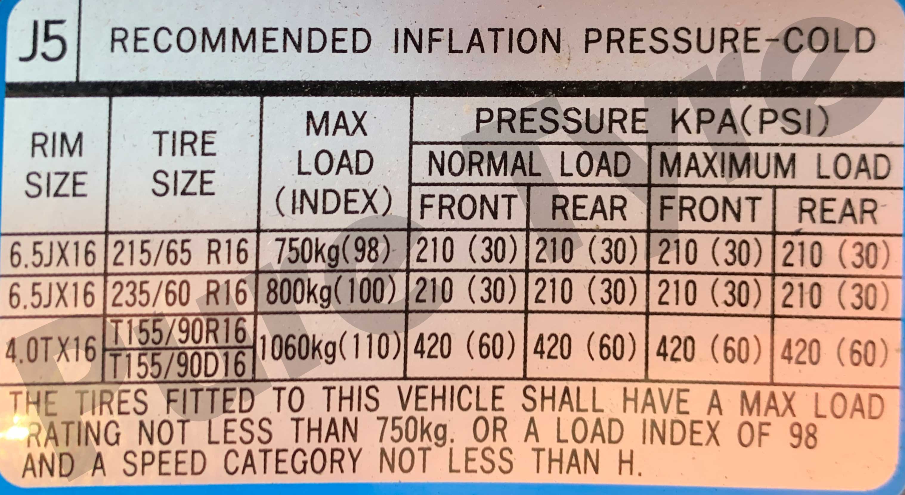 Hyundai Tucson (04 09) Tyre Pressure Placard Sticker